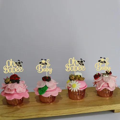 Miniatura 5 de Gyufise 24 piezas de adornos para cupcakes de abeja con purpurina dorada, adornos dorados para pasteles Oh Baby, adornos para cupcakes Oh Babee