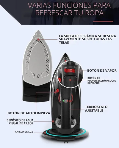 Miniatura 8 de OMAIGA - Plancha inalámbrica para ropa, plancha de vapor de 1500W con calentamiento rápido, suela de cerámica, apagado automático, autolimpieza