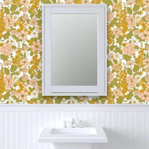 Miniatura 9 de Papel tapiz autoadhesivo para despegar y pegar, papel tapiz vintage de los años 70 con diseño floral retro bohemio, rosa y verde, papel tapiz