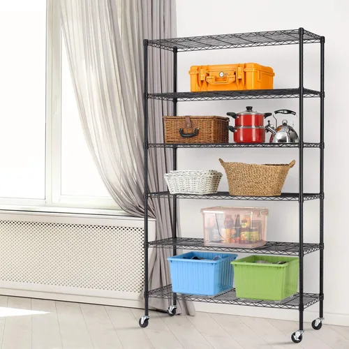 Miniatura 2 de HCY Estantería de almacenamiento de 6 niveles de alta resistencia, estante de almacenamiento de metal ajustable en altura NSF con ruedas para Negro
