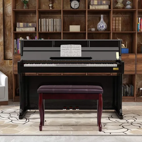 Miniatura 2 de GOFLAME Taburete de banco de piano con cojín acolchado y almacenamiento de música, asiento de piano resistente con asiento acolchado de piel Marrón