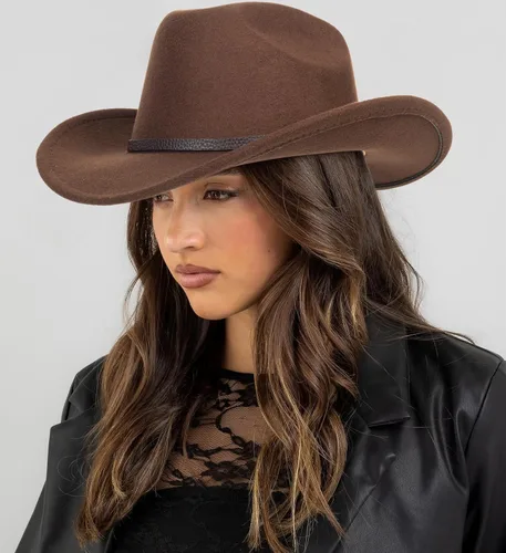 Miniatura 28 de Sombrero de vaquero clásico de fieltro occidental para mujeres y hombres de ala ancha con hebilla de cinturón (tamaño: mediano-grande)