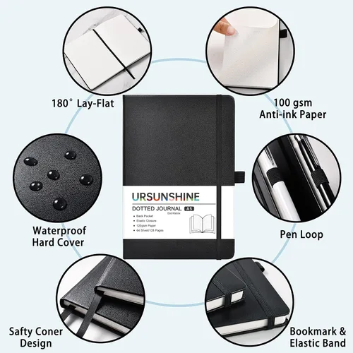 Miniatura 6 de Cuaderno punteado, diario, 5.3 x 8.26 pulgadas, tapa dura, prémium, papel grueso, doble espiral, bandas, cuero negro sintético, lazo para bolígrafo