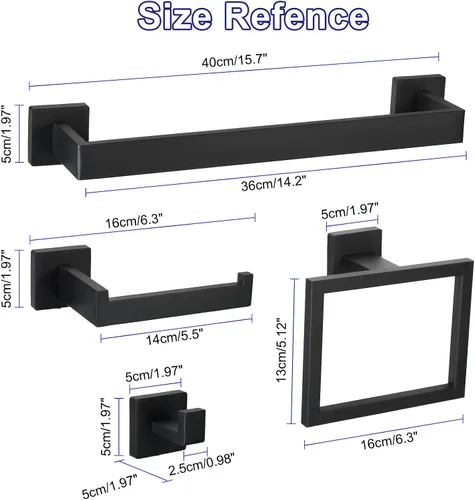 Miniatura 2 de uxcell Juego de 5 piezas de accesorios de baño, juego de barra de toalla de acero inoxidable de 15.7 pulgadas, soporte para papel higiénico, 2 Negro