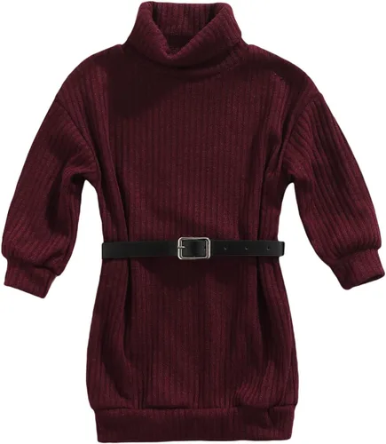 GOOCHEER Trajes de bebé niña con cuello alto, vestido de suéter de punto para niños, vestidos de manga larga acanalados sólidos + cinturón ropa de