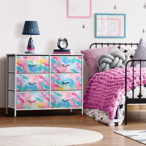 Miniatura 2 de Sorbus Cómoda para niños con 6 cajones - Organizador de almacenamiento, mesita de noche - Marco de acero, parte superior de madera, cestas de tela