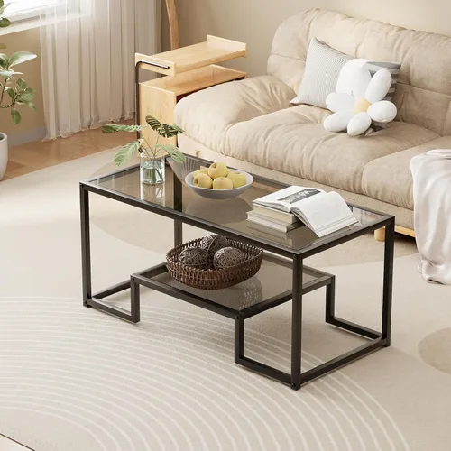 Miniatura 3 de Wolawu Mesa de Café de Cristal Gris Mesa de Café para Sala de Estar, Mesa Central Rectangular de 2 Niveles con Marco de Metal Resistente, Mesa