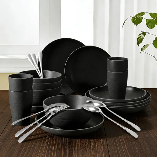 Juego de platos y cuencos de 24 piezas para 4 vajillas de paja de trigo irrompible, incluye tenedores de acero inoxidable para picnic, camping, Negro
