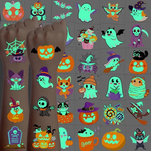 216 tatuajes de Halloween para niños, recuerdos de fiesta de Halloween, tatuajes temporales que brillan en la oscuridad para decoraciones de fiesta