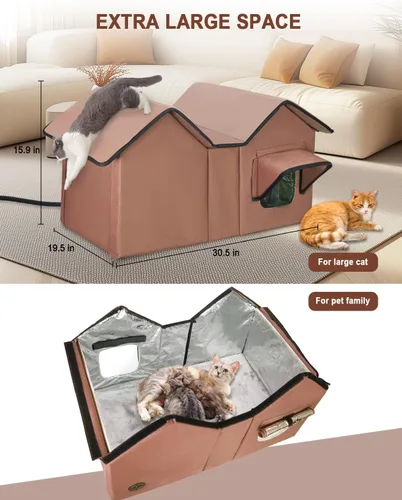 Miniatura 3 de Casa climatizada para gatos en invierno exterior, casa para gatos climatizada extra grande, resistente a la intemperie, cama elevada, puerta