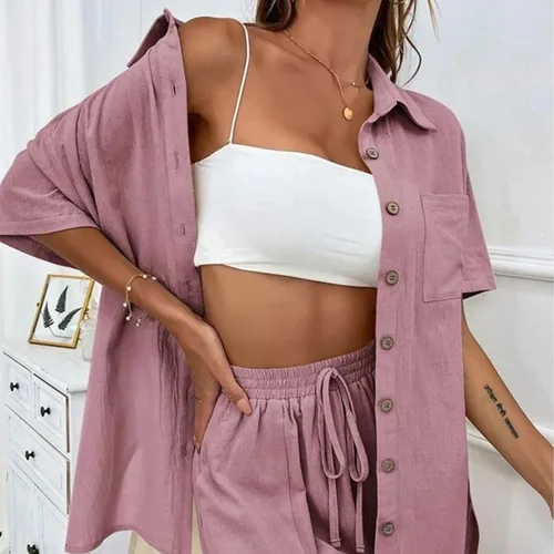Miniatura 4 de OPHPY Conjunto de dos piezas para mujer, conjunto de lino de 2 piezas de verano, camisas sueltas con botones y pantalones cortos, conjunto