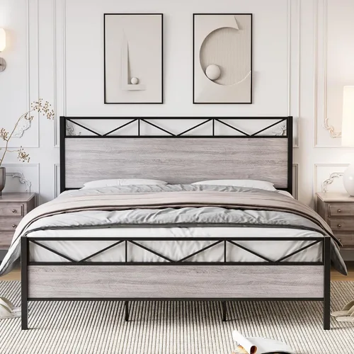 Miniatura 7 de GAOMON Base de cama tamaño Queen, marco de cama de plataforma de metal con cabecera y estribo de madera rústica vintage, sin ruido, fácil montaje