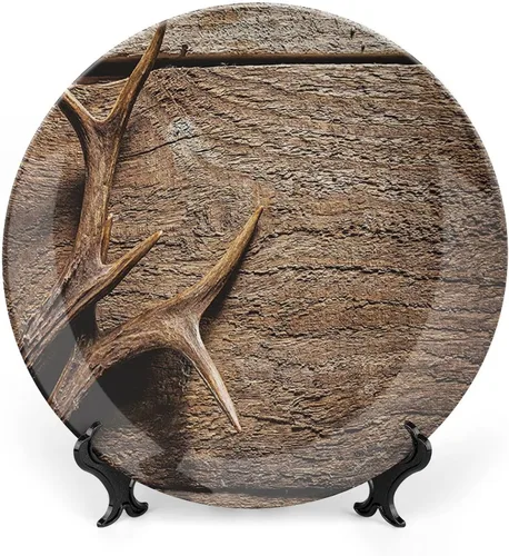 XISUNYA Plato decorativo de 6 pulgadas, plato de cena con cuernos de ciervo en mesa de madera, impresión rústica de temporada de caza, cerámica para