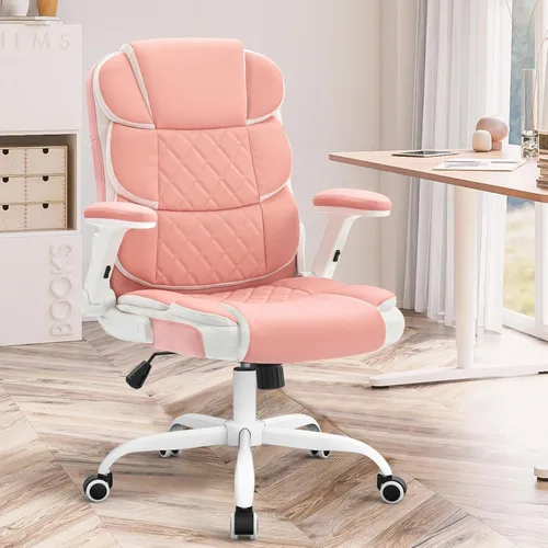 Miniatura 2 de SEATZONE Silla ergonómica de oficina de piel sintética rosa, silla de computadora con ruedas y brazos abatibles, silla giratoria con ruedas