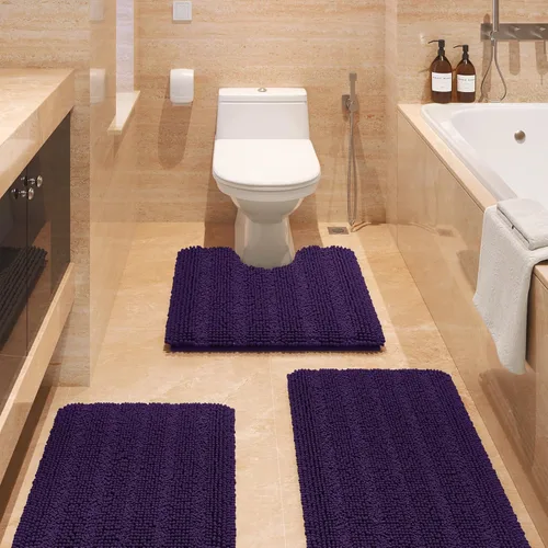 Miniatura 29 de ACCUMTEK - Juego de alfombras de baño a rayas beige de 3 piezas, ultrasuaves, antideslizantes de chenilla, alfombras de baño mullidas y absorbentes