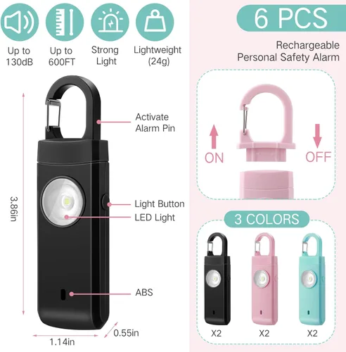 Miniatura 2 de Tellegloww 6 unidades de alarma personal recargables de seguridad para mujeres, 130 db, protección de alarma personal, sirena fuerte con llavero LED