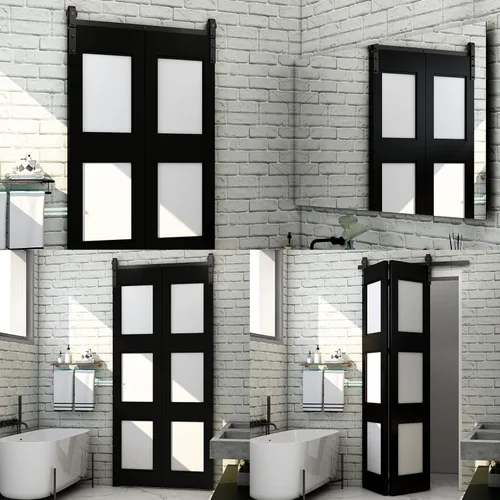 Miniatura 6 de Kit de rieles de herrajes para puerta corredera plegable de granero de 52", suave y silencioso, rodillo negro montado lateralmente, fácil