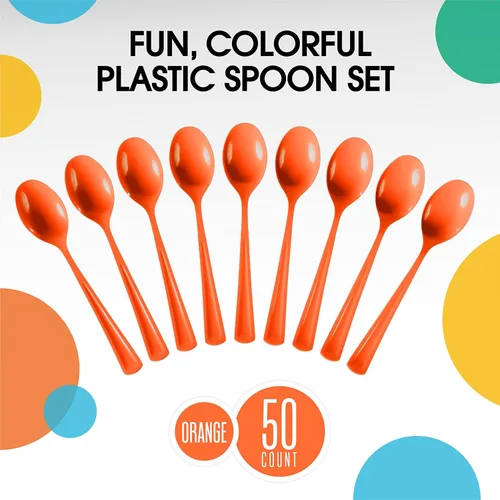Miniatura 3 de Exquisite Cucharas de plástico naranja, 50 piezas, cucharas naranjas, utensilios desechables, juego de cubiertos de plástico resistente