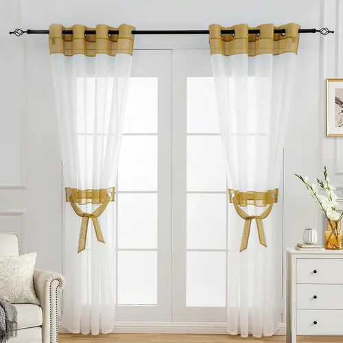 Miniatura 11 de L.Z.E - Cortinas transparentes blancas y negras de 63 pulgadas de largo, 2 paneles para sala de estar, cortinas elegantes y modernas transparentes
