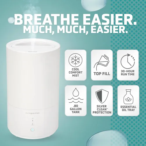 Miniatura 2 de PureGuardian Humidificador ultrasónico de niebla fría de llenado superior para el hogar con bandeja de aromaterapia, cubre 320 pies cuadrados