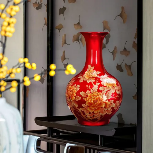 Miniatura 2 de ZHOUXIAO Florero de cerámica roja con patrón de peonía para decoración del hogar, florero alto de flores secas para sala de estar, oficina, mueble