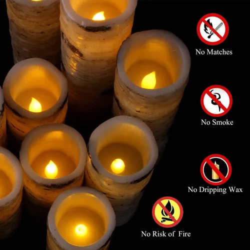 Miniatura 4 de Enpornk Velas LED parpadeantes sin llama con efecto corteza de abedul, juego de 9 pilares de cera real que funcionan con pilas con control remoto