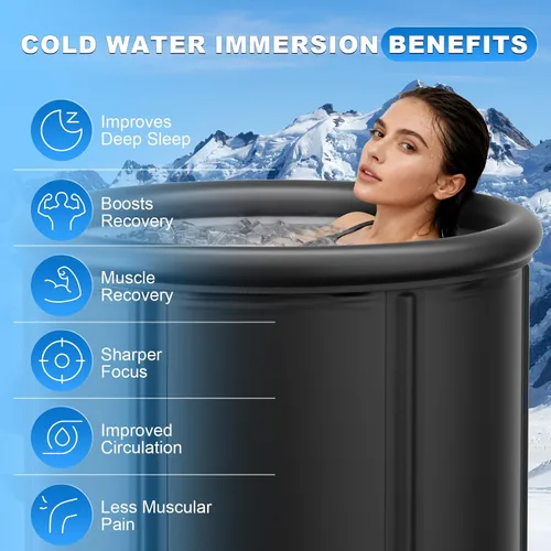 Miniatura 5 de Tina de baño de hielo XL de 100 galones para inmersión en frío, vaina de hielo inflable portátil con tapa aislada y válvulas dobles, bañera
