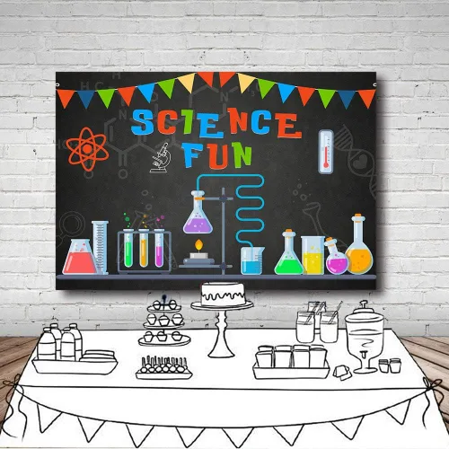 Miniatura 5 de MEHOFOTO - Decoración de fiesta de cumpleaños de ciencia de 8 x 6 pies, fondo de estudio fotográfico, pancarta de ciencia divertida para científico