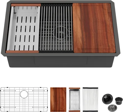 Miniatura 25 de Logmey Fregadero de cocina de montaje inferior de 33 pulgadas 33x19 Fregaderos de acero inoxidable SUS304 calibre 16 hechos a mano de un solo