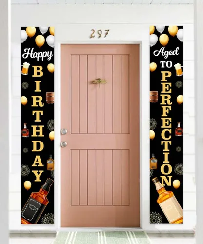 Miniatura 3 de Cartel retro de feliz cumpleaños y envejecido a la perfección con temática de whisky negro y dorado, decoraciones para puerta delantera, porche