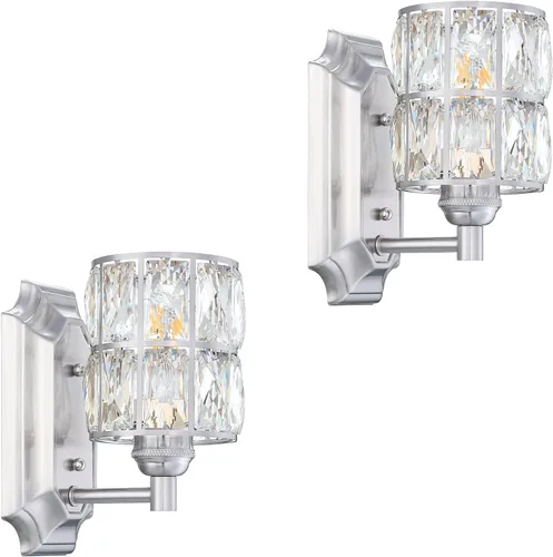 Miniatura 11 de Paquete de 2 lámparas de pared de cristal con acabado champán, lámpara de pared de estilo conciso moderno, pantalla de cristal poliédrico para baño