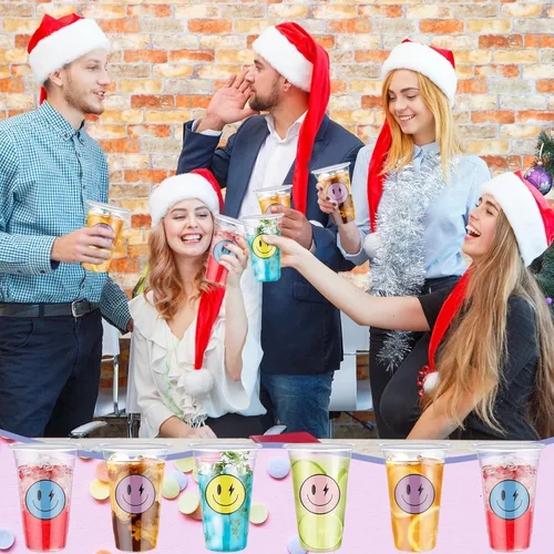 Miniatura 5 de Norme Juego de 52 vasos de plástico con tapa de cara sonriente de 16 onzas, tazas de café helado desechables transparentes con rayas