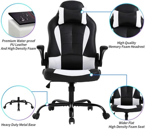 Miniatura 4 de Silla de juegos de oficina de carreras, silla de escritorio ejecutiva de respaldo alto con reposacabezas, soporte lumbar de masaje, color negro