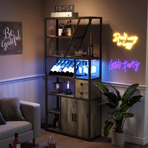 Miniatura 3 de GarveeHome Gabinete de bar de vinos con luces LED, estación alta de barra de café con tomas de corriente y estante de vino, soporte de microondas