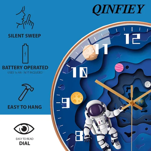 Miniatura 3 de QINFIEY Reloj de pared para niños con movimiento silencioso de 12 pulgadas, reloj de pared redondo sin tictac para niños, funciona