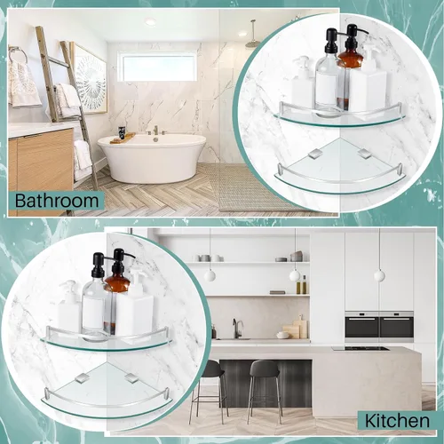 Miniatura 6 de Gejoy Paquete de 2 estantes esquineros de cristal, estantes esquineros de baño montados en la pared con vidrio templado y soportes inoxidables