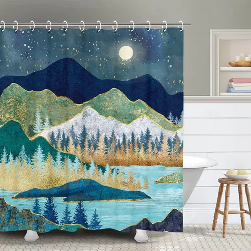 Miniatura 20 de RosieLily Cortina de ducha con diseño de lago de montaña, cielo nocturno estrellado, paisaje de luna y bosque para baño, 72 pulgadas de ancho x 72