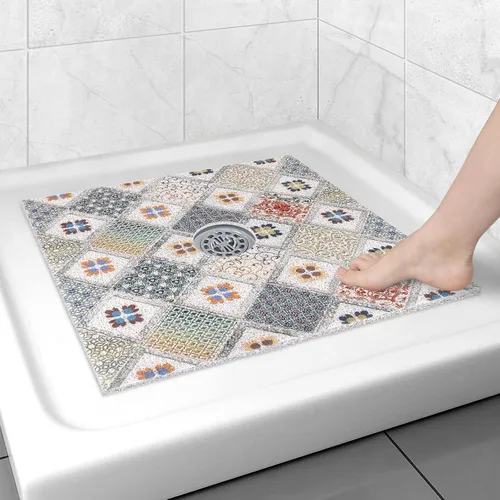 Miniatura 20 de Alfombrilla de ducha cuadrada antideslizante: 24 x 24 pulgadas para ducha interior con orificio de drenaje en el medio, tapete de ducha de masaje