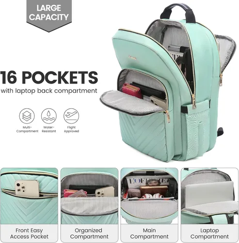 Miniatura 2 de LOVEVOOK Mochila para laptop de 17.3 pulgadas para mujer, bonita mochila de viaje para mujer, bolsa profesional para computadora portátil, Verde