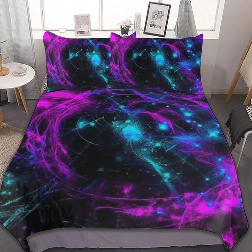 Miniatura 22 de Juego de 3 piezas de edredón neón que brilla en la oscuridad, funda de almohada de microfibra con cremallera para cama matrimonial, Queen