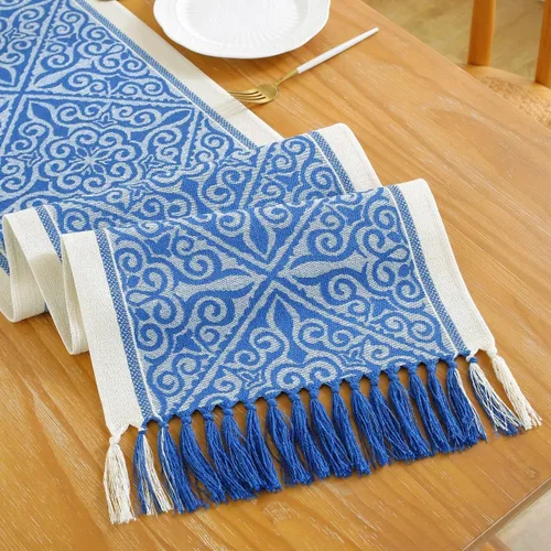Miniatura 4 de Camino de mesa auxiliar floral para sala de estar, cocina, casa de campo, camino de mesa de comedor con flecos, rectangular, resistente al calor