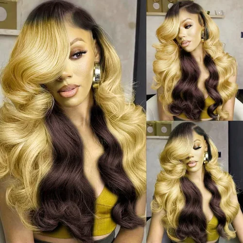 Miniatura 20 de 200% de densidad 13X6 Peluca de encaje frontal con reflejos ombre de pelo humano para mujeres, peluca de encaje frontal color naranja rojizo