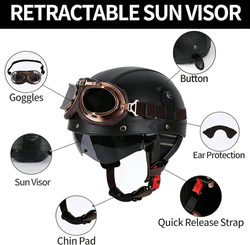 Miniatura 4 de Casco de motocicleta de estilo alemán, casco de cuero retro, aprobado por el DOT, para adultos, hombres y mujeres, casco de media cara vintage