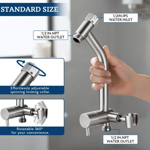 Miniatura 5 de G-Promise Desviador de ducha de metal con soporte de mano bajo, válvula de desviación de 3 vías con modo de pausa para cabezal de ducha de mano