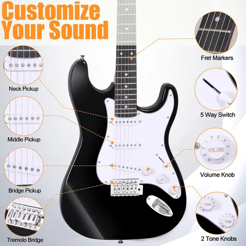 Miniatura 8 de Guitarra eléctrica negra de tamaño completo de 39 pulgadas con amplificador de 10W, paquete de funda para conciertos, correa y púas para Negro