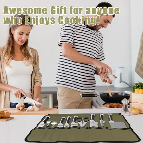 Miniatura 6 de QIQU Bolsa de Cuchillos de Chef Verde Militar con 10 Ranuras Portacuchillos de Cuchillería Protectores, Herramientas de Cocina para el Hogar Viajes