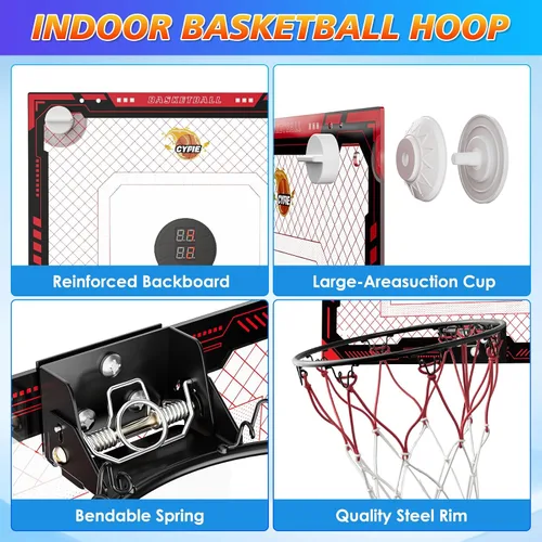 Miniatura 4 de CYFIE Mini aro de baloncesto para interiores para niños con luz LED, ventosa/aro de baloncesto sobre la puerta con marcador y 3 bolas, juguetes