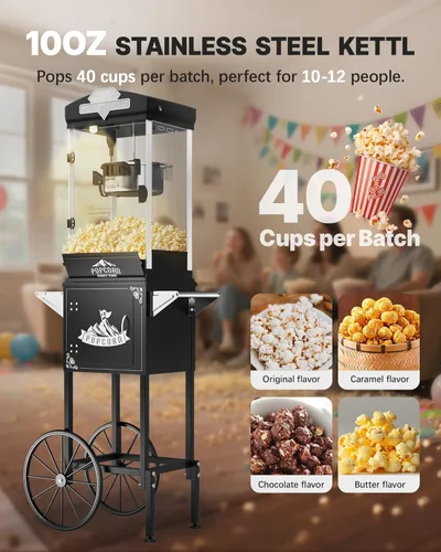 Miniatura 3 de Máquina de palomitas de maíz de 10 onzas con carro, máquina para hacer maíz con ruedas y hervidor de acero inoxidable hace hasta 40 tazas, máquina