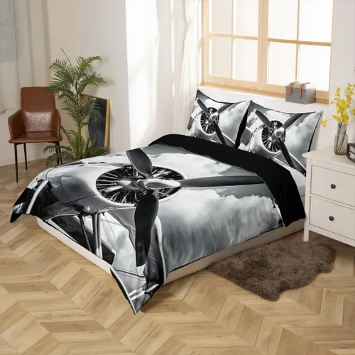 Miniatura 2 de Erosebridal Juego de ropa de cama con diseño de avión tamaño individual para niños y niñas, funda de edredón aeroespacial de aviación, gris y gris