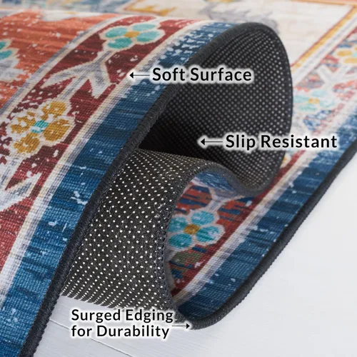 Miniatura 5 de SAFAVIEH Alfombra lavable Tucson Collection - 2 pies 6 pulgadas x 4 pies, azul y al óxido, antideslizante y fácil de limpiar, ideal para sala